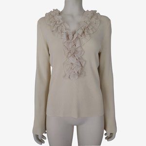 Oscar Cream Ruffled V Neck Long Sleeved Pullover Light Knit Sweater Size L